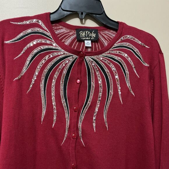 Vtg Bob Mackie Wearable Art Women’s Knit Cardigan 2X Red Christmas Sweater - Picture 4 of 5